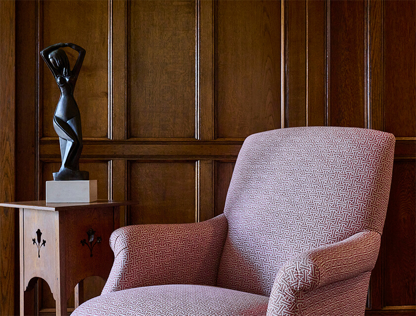 Snape chair in Spill Resistant RHS Gertrude Jekyll Lattice Red